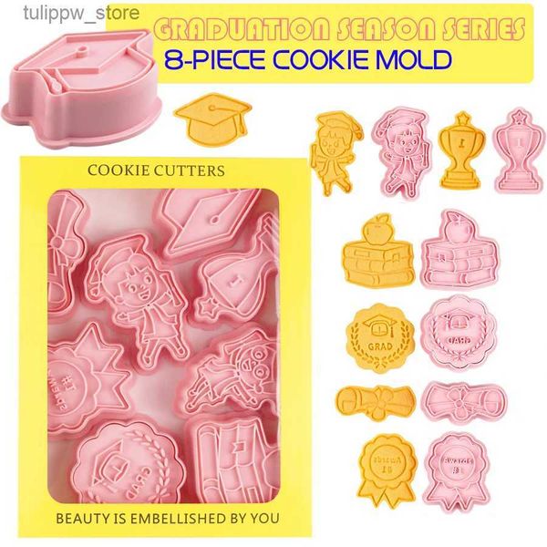 Moldes para hornear 8 unids/set serie de graduación galletas de dibujos animados DIY cortador de moldes para galletas galletas 3D molde para hornear decoración de plástico herramientas de cocina L240319