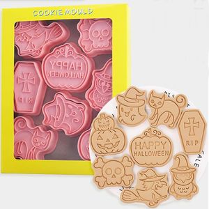 Bakvormen 8 stks/set Halloween Cookie Cutters Plastic 3D Cartoon Pressable Biscuit Mold Pumpkin Witch Stamp Pastry Bakware Tool