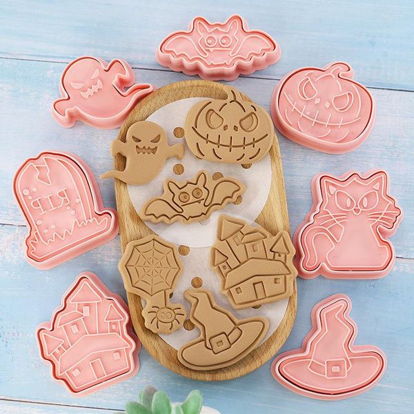 Moldes para hornear 8 unids/set cortadores de galletas de Halloween plástico 3D dibujos animados molde de galletas prensable sello cocina repostería herramienta para hornear