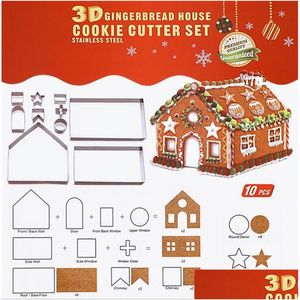 Moules de cuisson Bar 3D Gingerbread House En Acier Inoxydable Scénario De Noël Emporte-pièces Ensemble Biscuit Moule Fondant Cutter Outil Drop D Dhrgy