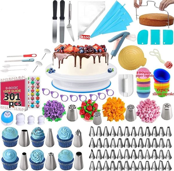 Moules de cuisson Kit de décoration de gâteau 301 pièces fournitures avec plateau tournant pour pâtisserie sac à douille pointes russes 230906