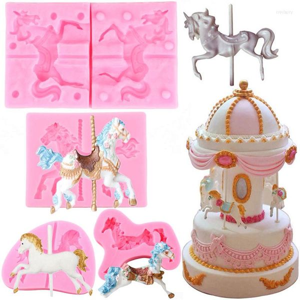 Moldes para hornear carrusel caballo silicona Fondant moldes Chocolate piruleta caramelo resina molde bebé cumpleaños pastel decoración DIY Accesorios