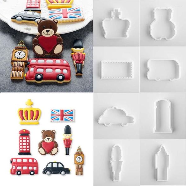 Moules de cuisson Dessin animé Style britannique Cookie Biscuit Cutter Moule Couronne Ours Impression DIY Gâteau Dessert Décoration Outils