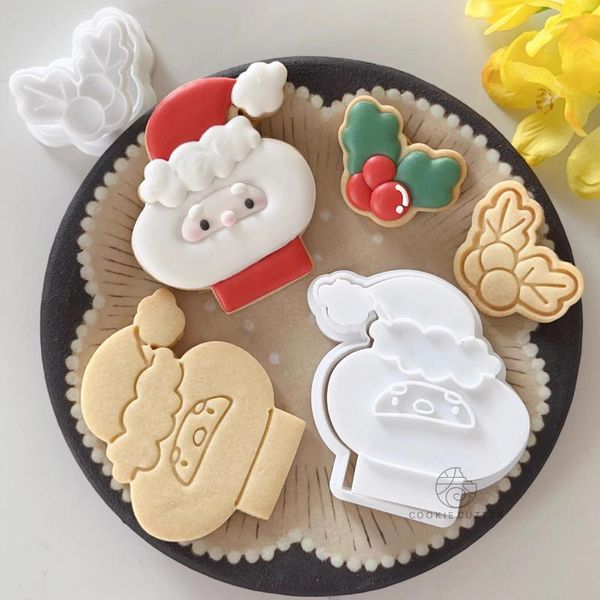 Moldes para hornear Navidad Santa Claus Cortador de galletas Decoración de hojas de Navidad Sello de galletas Pastelería Pastel Plástico 3D Molde prensado a mano para el hogar