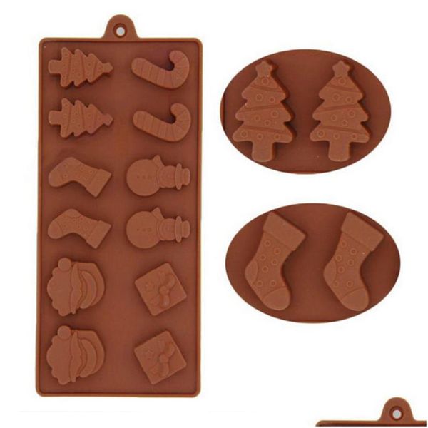 Moules De Cuisson De Noël Sile Chocolat Mods 12 Cavity Cake Cookie Candy Mod Pour Diy Xmas Party Ustensiles De Cuisson Santa Ice Tray Moule Drop Deliv Dh6Io