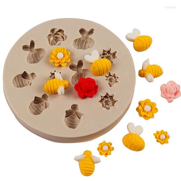 Moldes para hornear, molde de silicona con forma de flor de abeja bonita, herramienta de cocina de resina, molde para pasteles, Fondant, postre, Chocolate, suministros de decoración de encaje