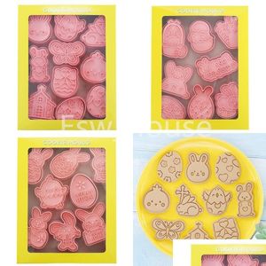 Bakvormen Easter Cookie Mod Mod 3d Diy Eggs Rabbit Bunny Stamp Biscuit Cutters Embossing Fondant bakgereedschap Drop levering Home Gard Dh43H