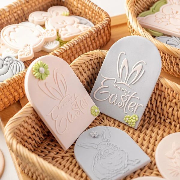 Moldes para hornear Eastertheme Rabbit Cookie Emed Moldes de Easter Conejito Fondant Stamps Flower Basket Biscuit Molde Decoraciones de pastel 231213