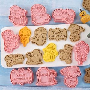 Bakvormen Halloween Cookie Cutters Pumpkin Ghost Skull Pressable Biscuit Stamp Mold Cookie Embossing Cake Decorating Tool Baking Supplies 221010