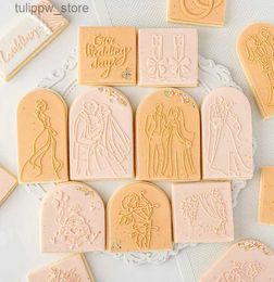 Bakvormen Happy Wedding Cookie Cutter Druk op Stempel Bruid Bruidegom Ring Embosser Mold Acryl Fondant Suikervormen DIY Cookie Decorating Gereedschap L240319