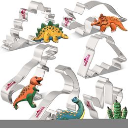 Bakvormen Keniao Dinosaur Cookie Cutter Set - 6 PC Trex Brontosaurus triceratops stegosaurus vulkaan Biscuit Molds roestvrij staal 221122