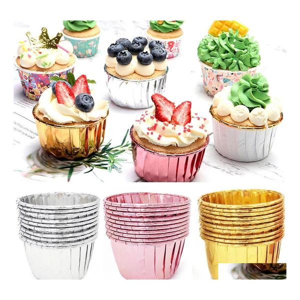 Moldes para hornear Mods 10 Revestimientos de vasos de papel a prueba de grasa Bandeja Caja de banquete de boda Envoltorios de muffins dorados Inventario Venta al por mayor Entrega directa Dhorx