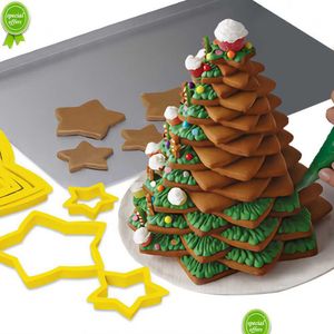 Bakvormen Nieuwe 6 stks/set Kerstboom Cookie Cutter Mold Xmas Plastic Diy 3D Jaar Koekjes Peperkoek Mod Maker Stamp Tool 202 Dhfrj