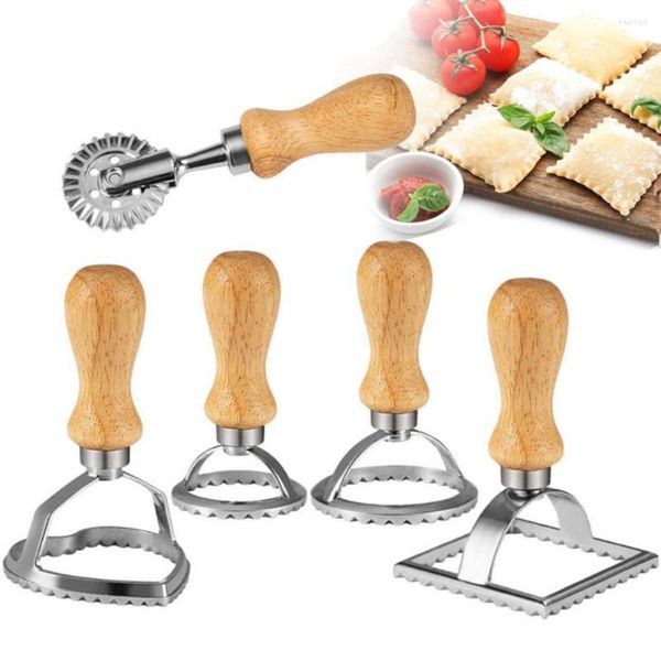 Moules de cuisson Ravioli Timbre Maker Cutter Rouleau Roue Moule Manche En Bois Cannelé Bord Pâtes Presse Gadgets De Cuisine