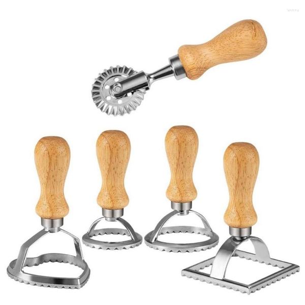 Moules de cuisson Ravioli Stamp Maker Cutter avec manche en bois Boulette Presse Moules Moule à gâteau Formes rondes Peau