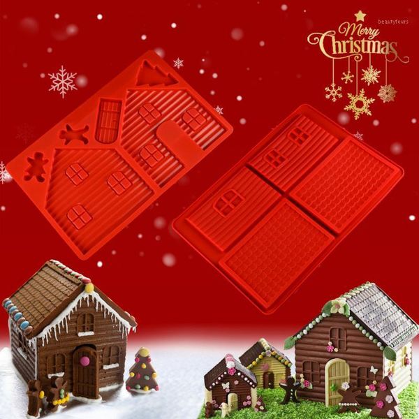 Moldes para hornear SILIKOLOVE 2 unids/set Navidad 3D casa de jengibre molde de silicona DIY pastel de Chocolate molde galletas galletas utensilios para hornear