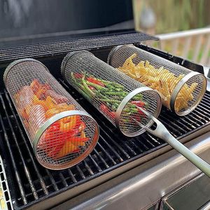 Bakpannen Barbecue BBQ Grilt Basket Accessoires Tools Roestvrij staal Ronde Vorm Roaster Drum Oven Mesh BBQ Campfire Grill Grid met Fork D23-82