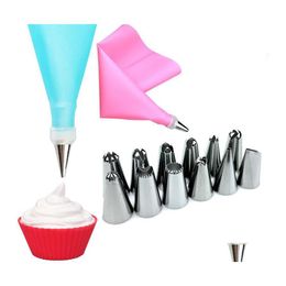 Bakgebakgereedschap 1 st 1 Sile Icing Pi Cream Bagadd12 Nozzles Set Cake Decorating Tool met 1 Converter Drop Delivery Home Garden K OTDMD