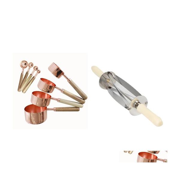 Cuisson Outils De Pâtisserie 8 Pcs Tasses À Mesurer Cuillères Ensemble Manche En Bois En Acier Inoxydable 1X Couteau À Croissant En Forme De Rouleau Rond Drop Delivery H Dhsar