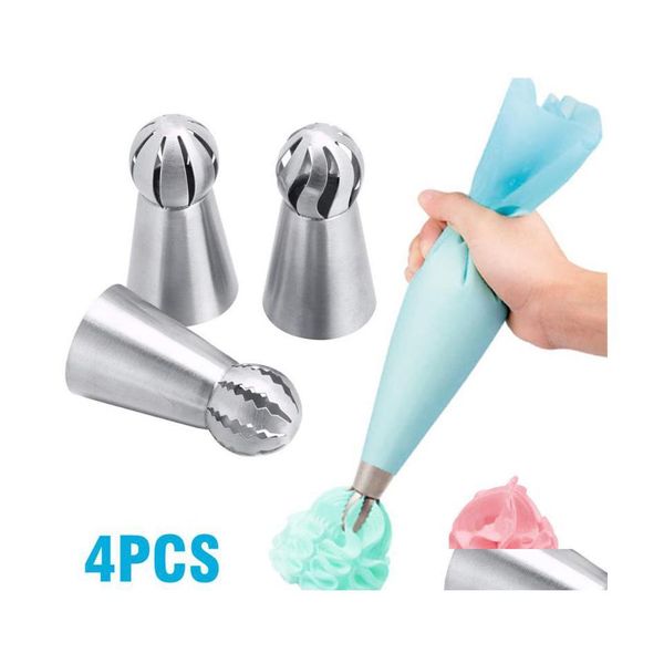 Cuisson Pâtisserie Outils Gâteau Pi Conseils Décoration Bouche Ensemble 4 Pièces Sphérique En Acier Inoxydable Buse En Plastique Outil DIY Décoration Sac Dro Dhnsg