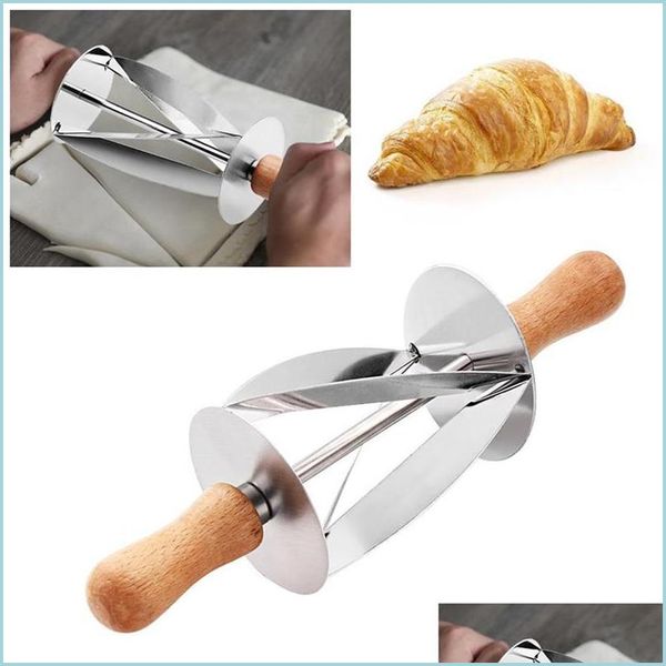 Herramientas de pastelería para hornear Croissant de acero inoxidable Cortador de masa de pan Rueda de rodillo Cuchillo de pastelería Mango de madera Cocina Hornear Dropship Dro DHBLV