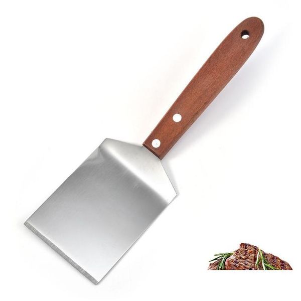 Outils de pâtisserie de cuisson en acier inoxydable Steak Spata Pancake Grattoir Turner Grill Bœuf Fried Pizza Pelle avec manche en bois Cuisine BBQ Lx Dhv5X