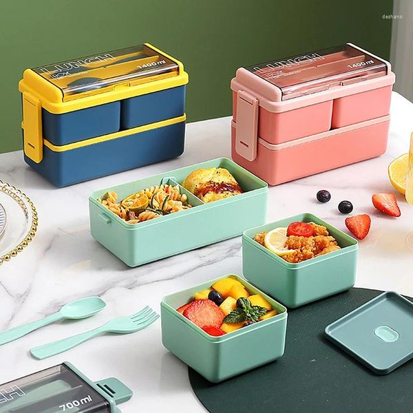 Herramientas de hornear 2 capas Portables de bocadillo de fugas de fugas Bento Bento para niños Microondas Microondas Sincapon Spote Spoon Juego de contenedores de contenedores de almacenamiento de alimentos