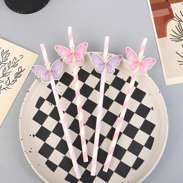 Herramientas para hornear, 6 uds., paja de papel a rayas de mariposa, decoraciones para fiesta de cumpleaños y bodas, suministros para Baby Shower para niños y niñas