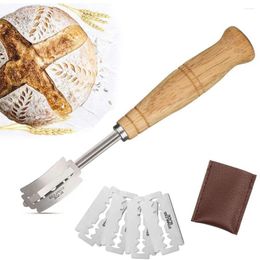 Outils de cuisson coupe-pain avec 5 lames de rechange, 1 étui en cuir, couteau en acier inoxydable 304, manche en bois professionnel