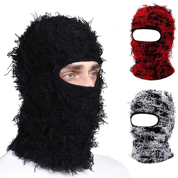 Cagoule en détresse tricoté masque de ski complet adapté aux hommes femmes bonnets chapeaux Skullies camouflage hiver chapeaux chauds coupe-vent chapeaux 240110