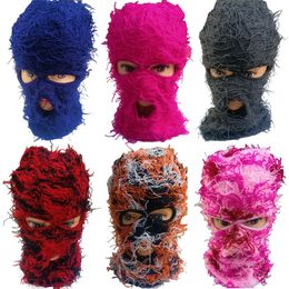 Cagoule de ski, bonnets tricotés, couvre-tête floue, trois trous, masque complet, cache-cou, coupe-vent, en détresse, cagoule tricotée, casquette amusante, vente en gros
