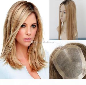 Balayage 2 6 27 couleur soie haut cheveux humains Toppers pour femmes Clip en haut postiche toupet pour cheveux clairsemés 9928545