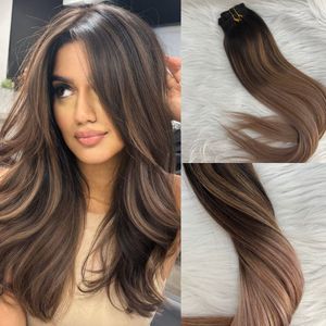 Balayage Clip-in Human Hair Extensions 2/6/18 ombre kleur Dubbele Inslag Clip-on Extension 120g