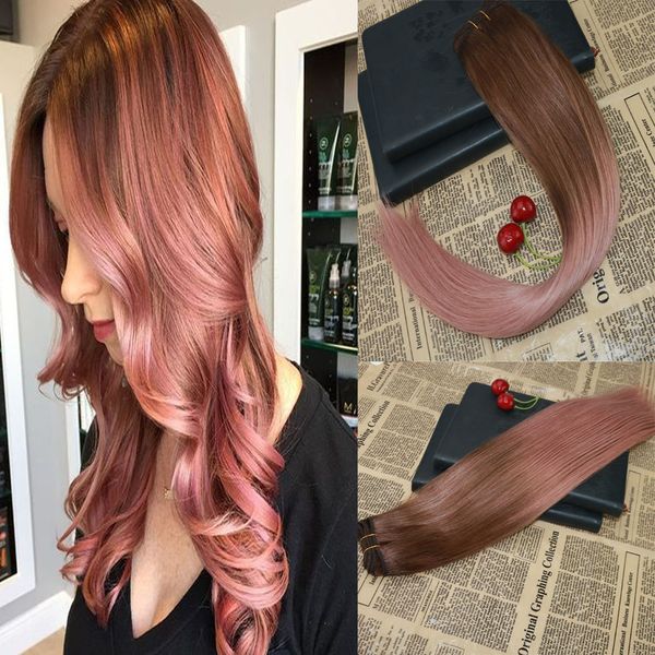 Balayage Real Human Hair Weave Rose Gold Virgin Remy Trama Extensiones de cabello Sin procesar Slik Paquetes rectos Extensiones de cabello Omber