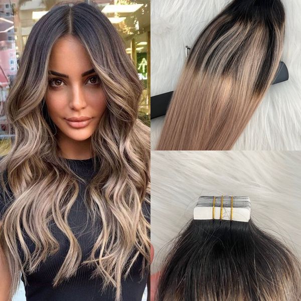 Balayage Tape in Hair Extension Remy Cheveux humains Ombre Ash Blonde Invisible tape ins Extensions 100g / 40pcs