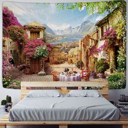 Balcony City Castle Hill Green Plant Paysage Prince Tapestry Mur hippie pas cher accroché Bohemian Wall tapisseries