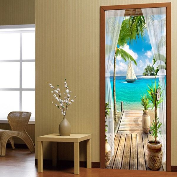 Balcon Sea View 3D Autocollant de porte Peinture murale Salon Chambre Porte Papier peint Stickers muraux Autocollants imperméables Décor 2102034