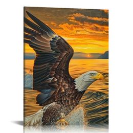 Bald Eagle Canvas Wall Art Flying Eagle Sunrise Sunrise Pictures Imprimés Grand oiseau au-dessus de la mer Peinture de peinture pour chambre à coucher décoration de salon encadré