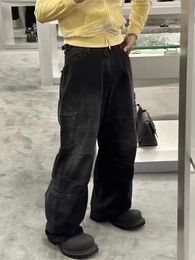 Bale Retro gewassen werkkleding broek voor heren Wijde pijpen losse broek Gewassen zwarte heren noodlijdende casual broek
