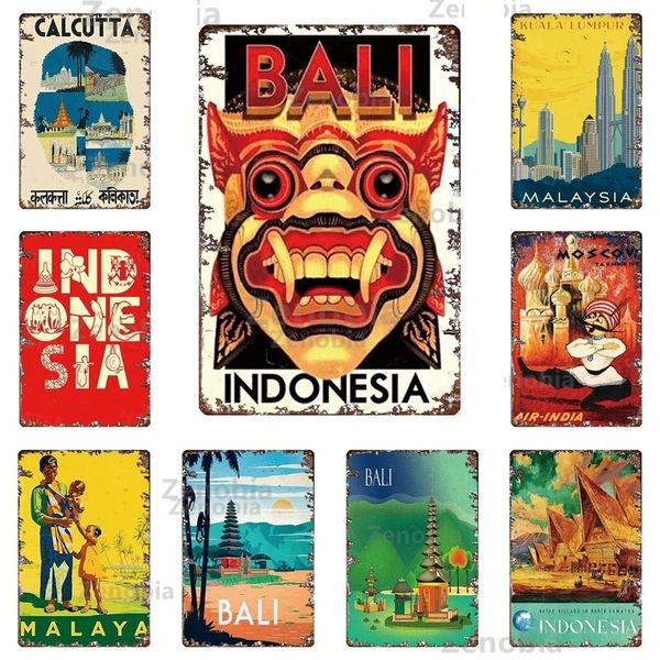 Bali Malaysia Travel Metal Poster Vintage Metal Tin Sign Paysage Shabby Tin Plates Plaque Retro Fer Peinture Man Cave Décoration Home Wall Decor Taille 30X20CM w01