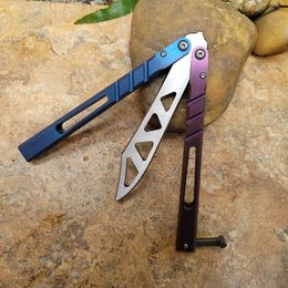 Balisong Blue Purple AB D2 -kanaal Titanium Hendle Butterfly Trainer Training Knife Bus Systeem Crafts Martial Arts Collection Knvies