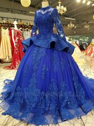 Robe royale bleue Quinceanera, col haut, avec des Appliques perlées, bouffantes, mascarade, douce 16 robes de bal d'anniversaire, 15 ans