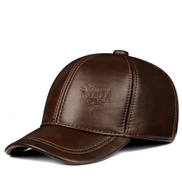 Casquettes de balle 2023 printemps hiver homme en cuir véritable Baseball mâle décontracté ceinture en peau de vache oreille chaude 5660 réglable Sprot vol chapeaux 230214