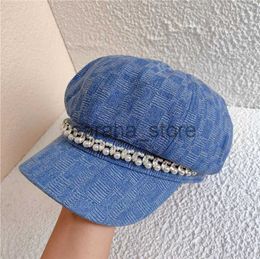 Casquettes de baseball 202310-2508976 chic automne mode Denim tissu plaid perle dirll chaîne gavroche dame octogonale chapeau femmes visières casquette J231130