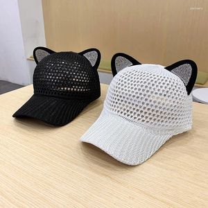 Ball Caps 2024 Vrouwen Lente Zomer Zonnehoed Leuke Kat Oren Styling Strass Baseball Cap Effen Kleur Ademend Schaduw Mesh bot