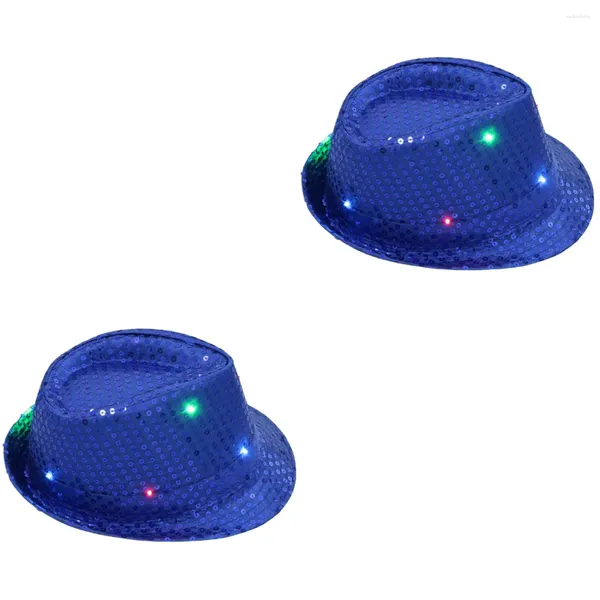 Casquettes de boule 2 pièces LED chapeau de Jazz lumineux accessoires de scène chapeaux Flash avec paillettes paillettes décor pour la fête (bleu)