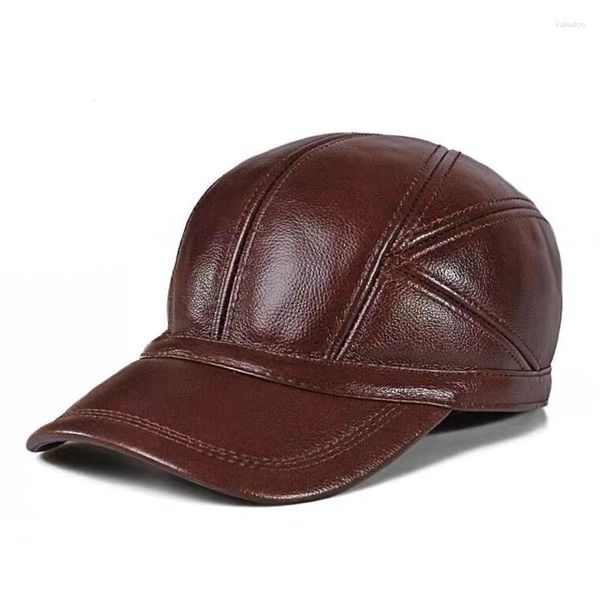 Casquettes de baseball Casquette de baseball en cuir de taille réglable Hommes Chapeau d'hiver Plus épais Peau de vache chaude Simple Mode Mâle Os Snapback Papas Chapeaux