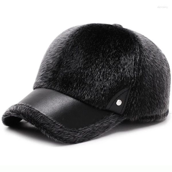 Gorras de bola Llegada 2024 Invierno Cálido Orejeras Béisbol Hombres Faux Mink Fur Visor Masculino Al aire libre Negro Papá Sombreros