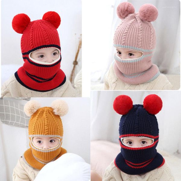 Casquettes de boule automne hiver bébé enfant en bas âge chapeaux laine épaisse garçons filles chaud une pièce écharpe ours chapeau mignon deux boules 2-5 ans AA