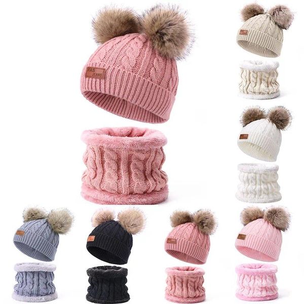 Casquettes de boule Bébé Chapeaux Écharpe Ensemble Pour Enfants Garçon Fille Tricoté Pompon Bonnets Hiver Chaud Enfants Chapeau Avec Double Dalse Fourrure Bobble Mignon Cap